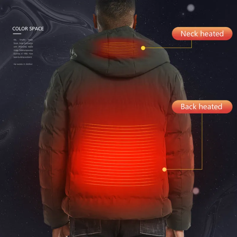 Grey USB electric heated jacket with hood and zipper on a person, outdoor winter background, size M to 7XL available