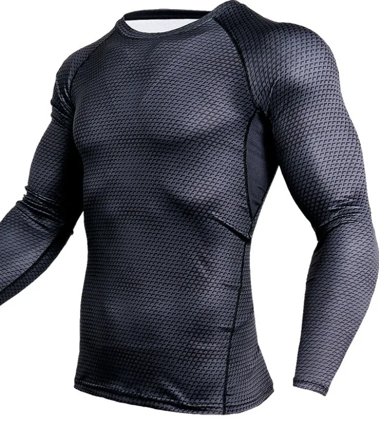 Men's compression running shirt in blue with O-neck and long sleeves for gym training