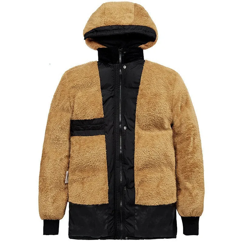 Men's velvet padded jacket double breasted hooded winter coat with patterned fabric