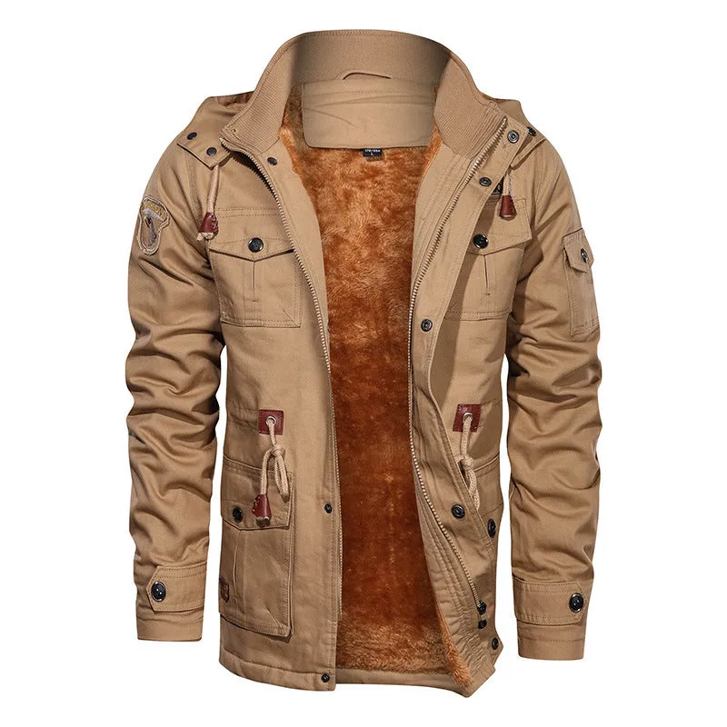Mountainskin men's winter fleece jacket in army green with hood and full front zipper