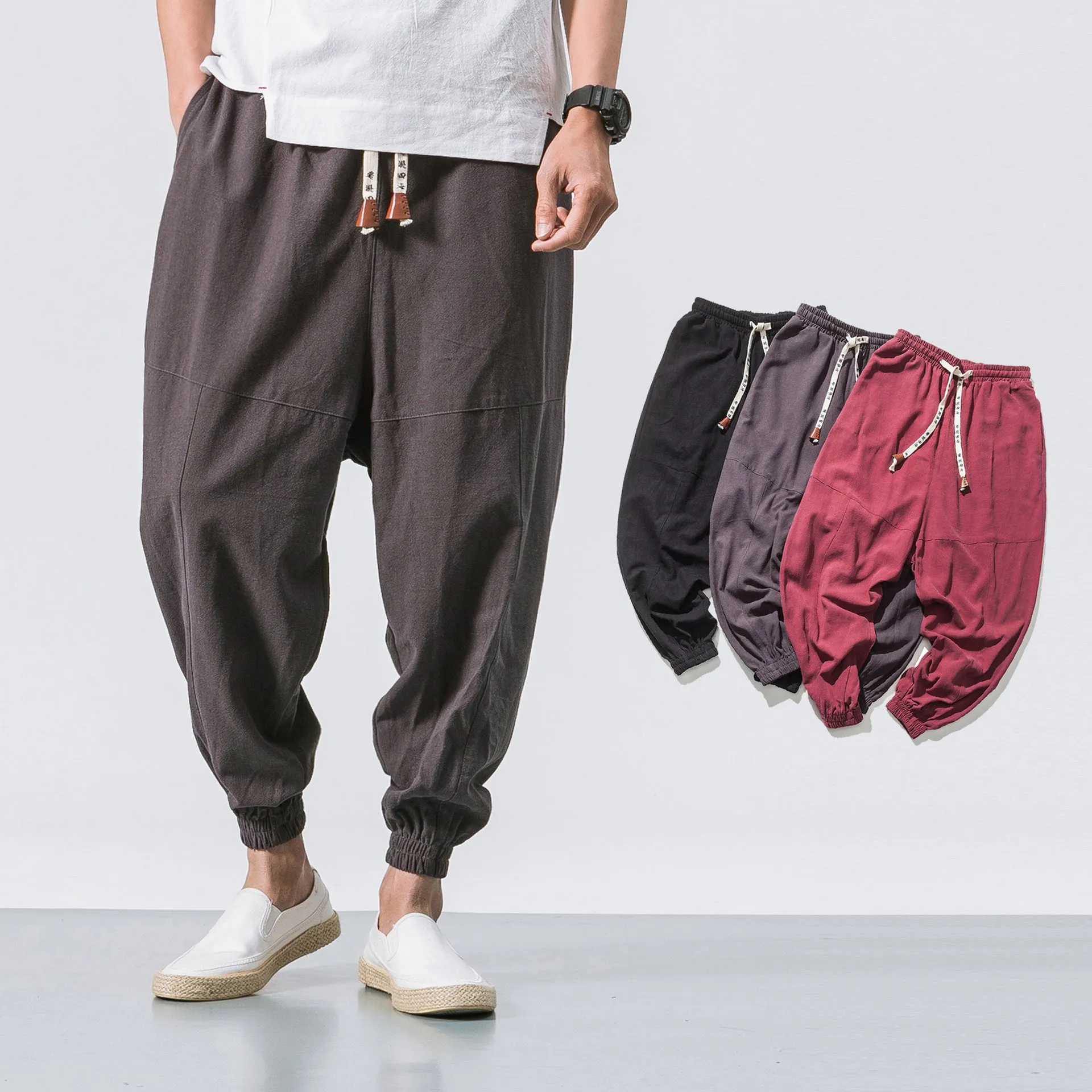 Men's black cotton hip hop streetwear joggers with drawstring waist and slant pockets