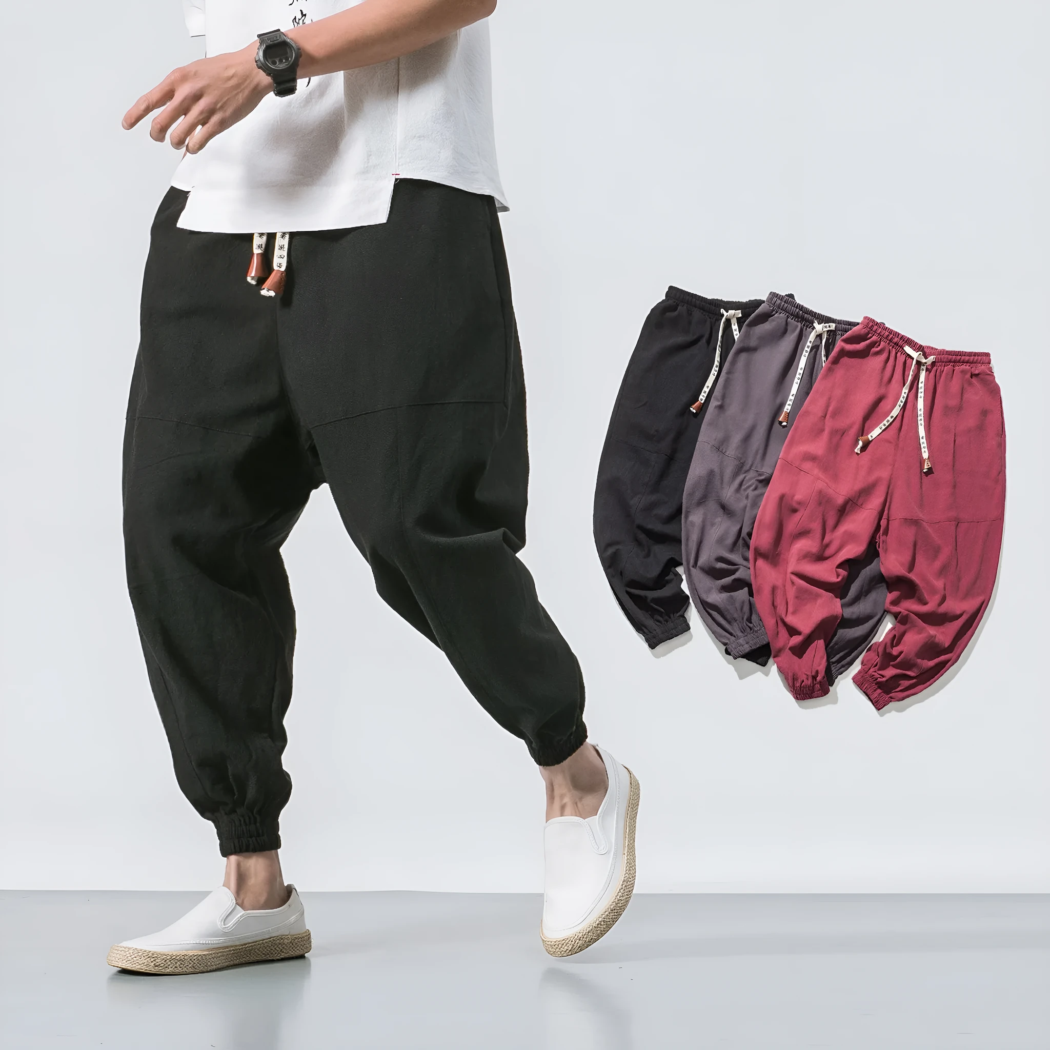 Men's black cotton hip hop streetwear joggers with drawstring waist and slant pockets