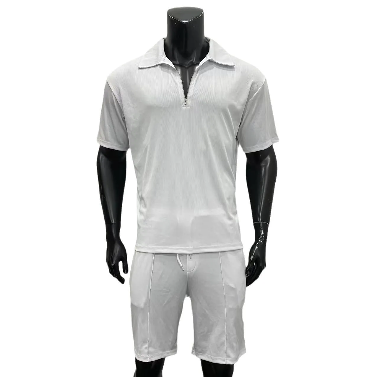 Men's casual suit set with a zipper polo top and drawstring shorts in cotton blend, available in multiple colours and Asian sizing