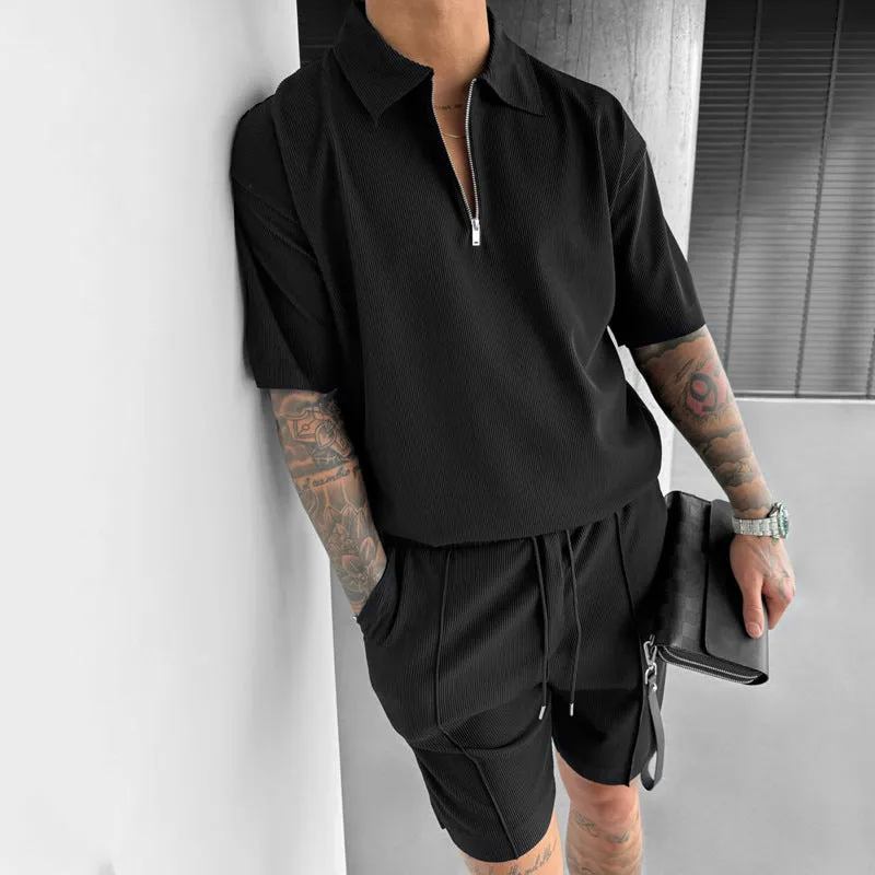 Men's casual suit set with a zipper polo top and drawstring shorts in cotton blend, available in multiple colours and Asian sizing