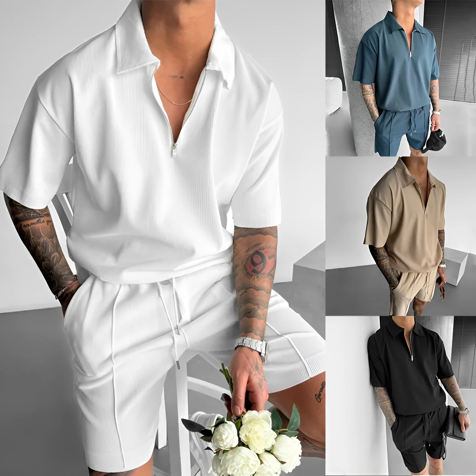 Men's casual suit set with a zipper polo top and drawstring shorts in cotton blend, available in multiple colours and Asian sizing