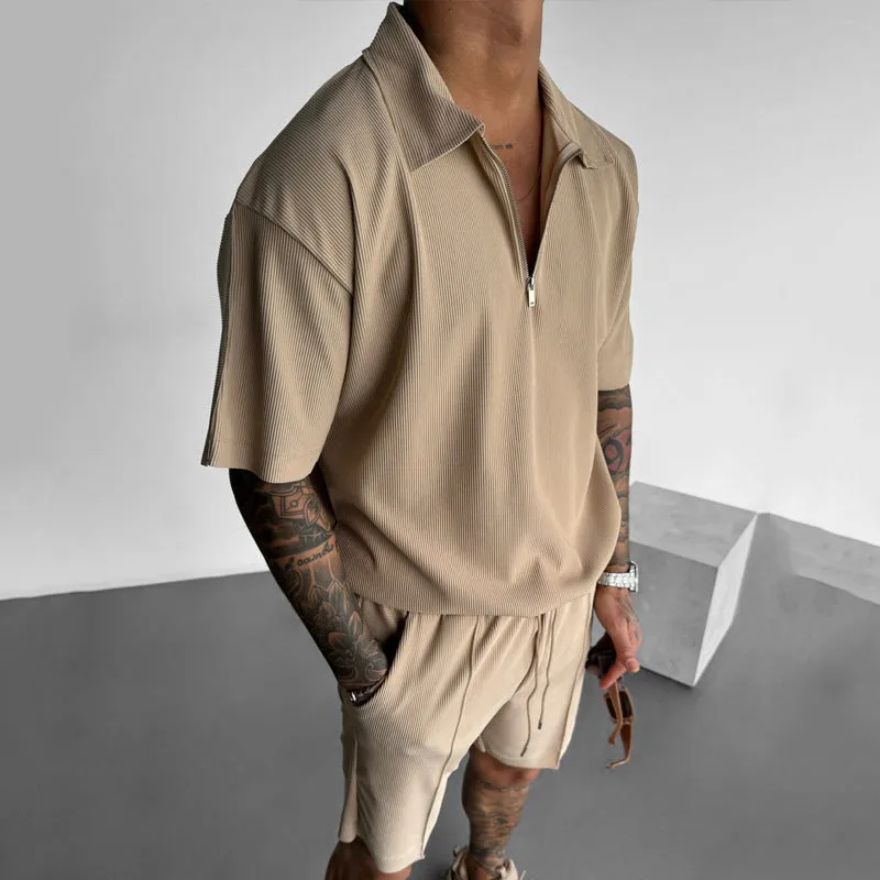 Men's casual suit set with a zipper polo top and drawstring shorts in cotton blend, available in multiple colours and Asian sizing