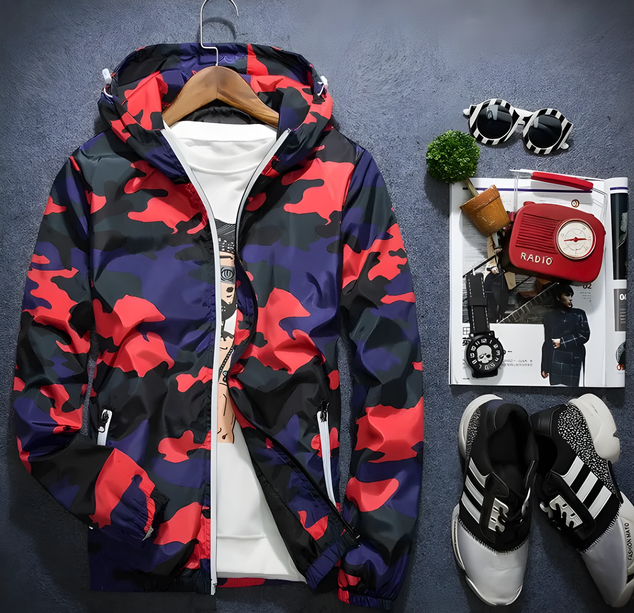 Covrlge men's camouflage hooded jacket with luminous zipper spring casual coat MWJ011 in green colour front view