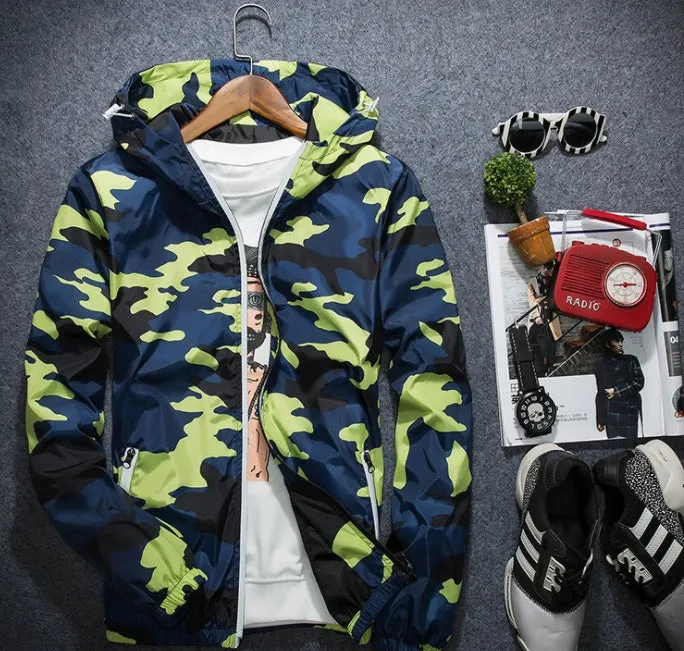 Covrlge men's camouflage hooded jacket with luminous zipper spring casual coat MWJ011 in green colour front view
