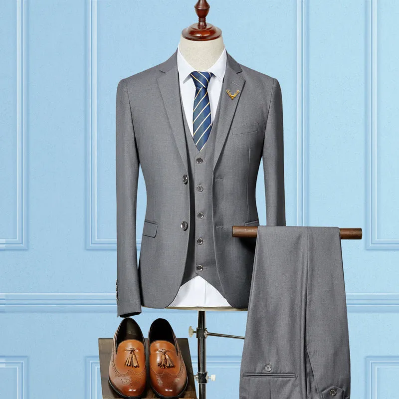 Slim fit 3 piece wedding suit for men in acetate fibre, available in black, navy blue, and light grey, sizes S-6XL