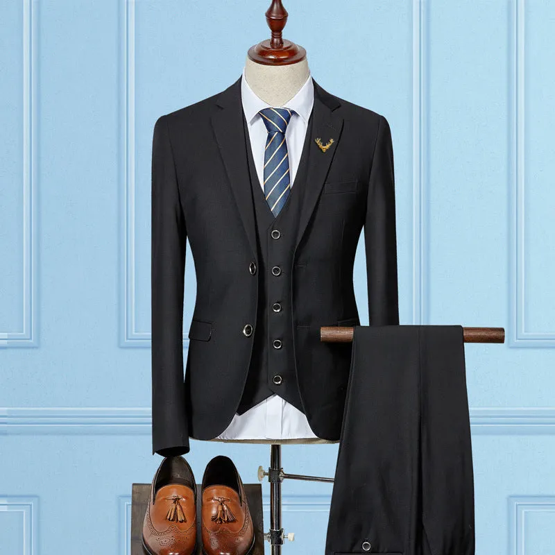Slim fit 3 piece wedding suit for men in acetate fibre, available in black, navy blue, and light grey, sizes S-6XL