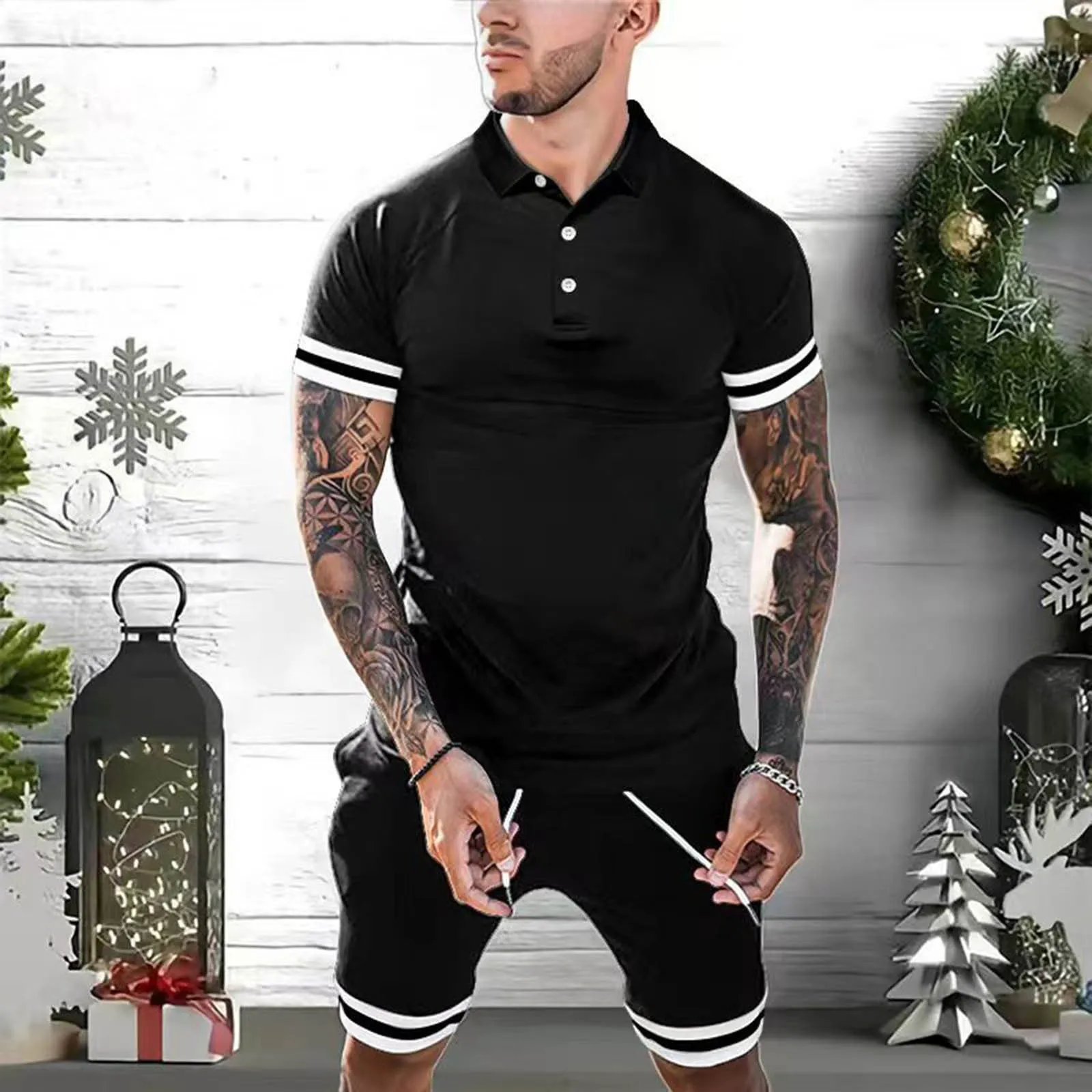 Men's summer polo shirt and shorts set in blue, showing front view of two-piece tracksuit