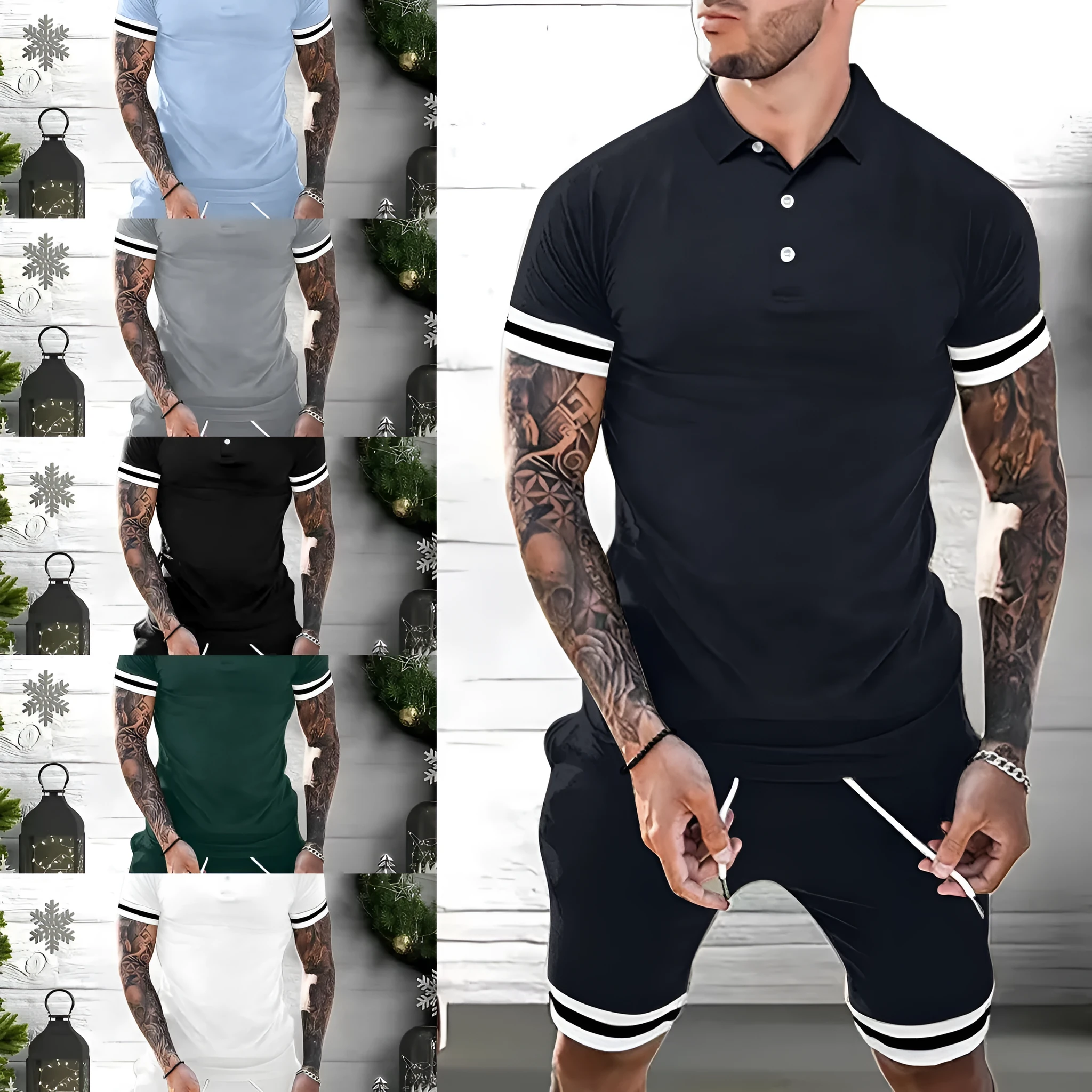 Men's summer polo shirt and shorts set in blue, showing front view of two-piece tracksuit