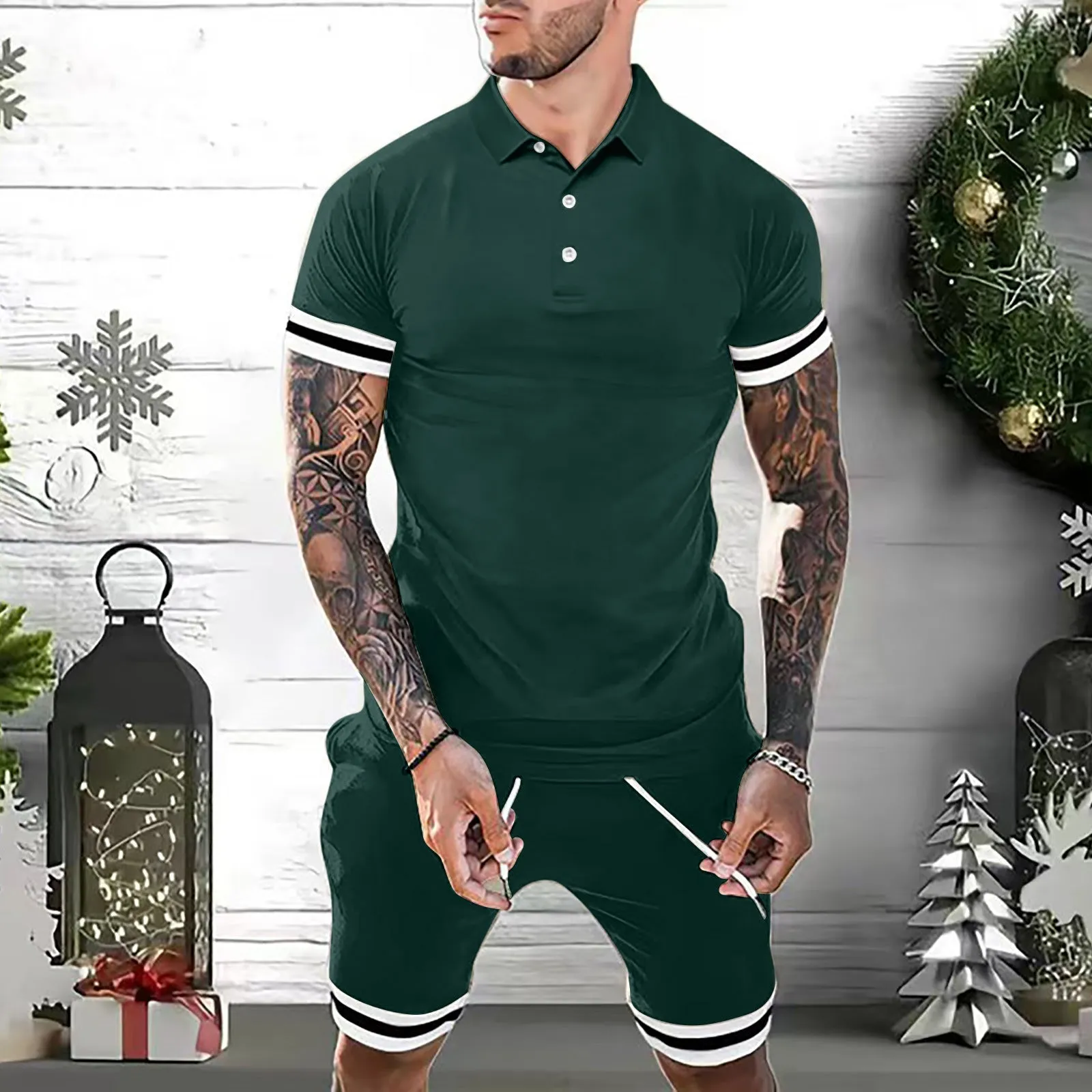 Men's summer polo shirt and shorts set in blue, showing front view of two-piece tracksuit