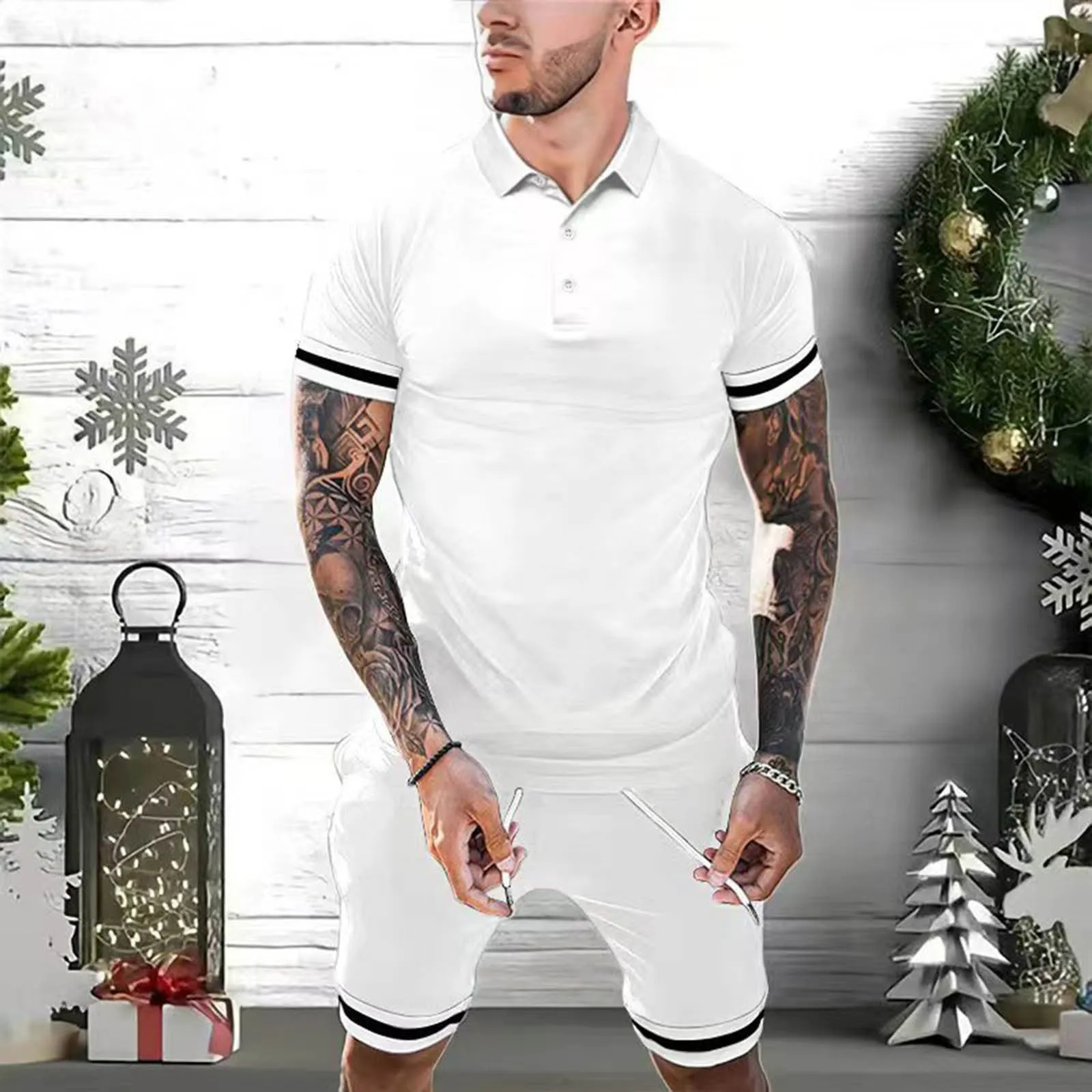 Men's summer polo shirt and shorts set in blue, showing front view of two-piece tracksuit