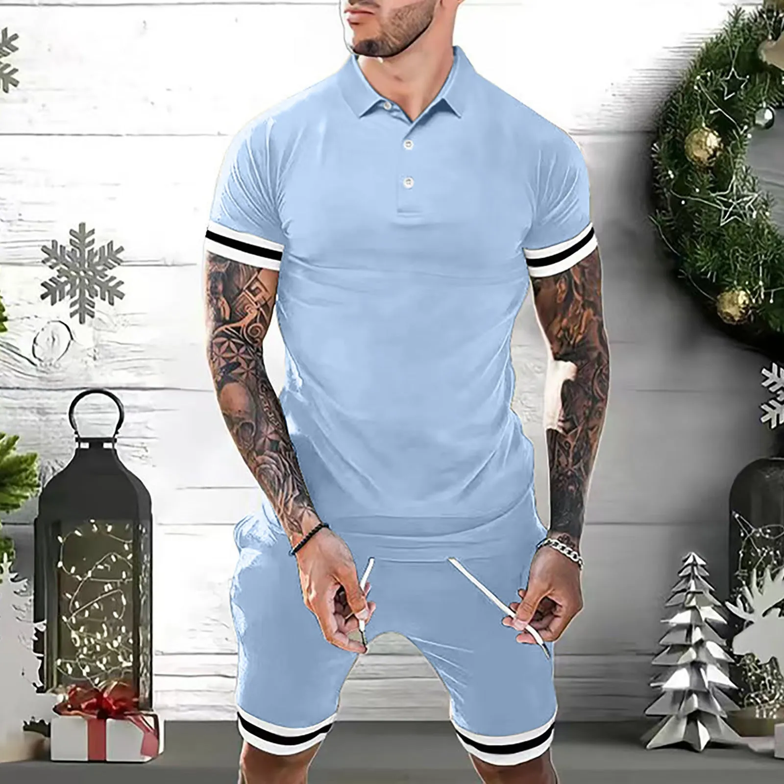 Men's summer polo shirt and shorts set in blue, showing front view of two-piece tracksuit
