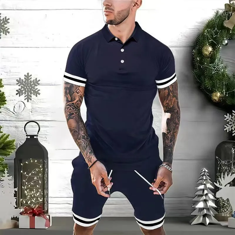 Men's summer polo shirt and shorts set in blue, showing front view of two-piece tracksuit