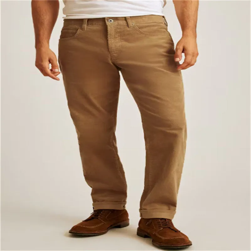 Men's straight leg corduroy trousers in a loose casual fit, shown in a solid colour with a mid-waist and zip fly detail.