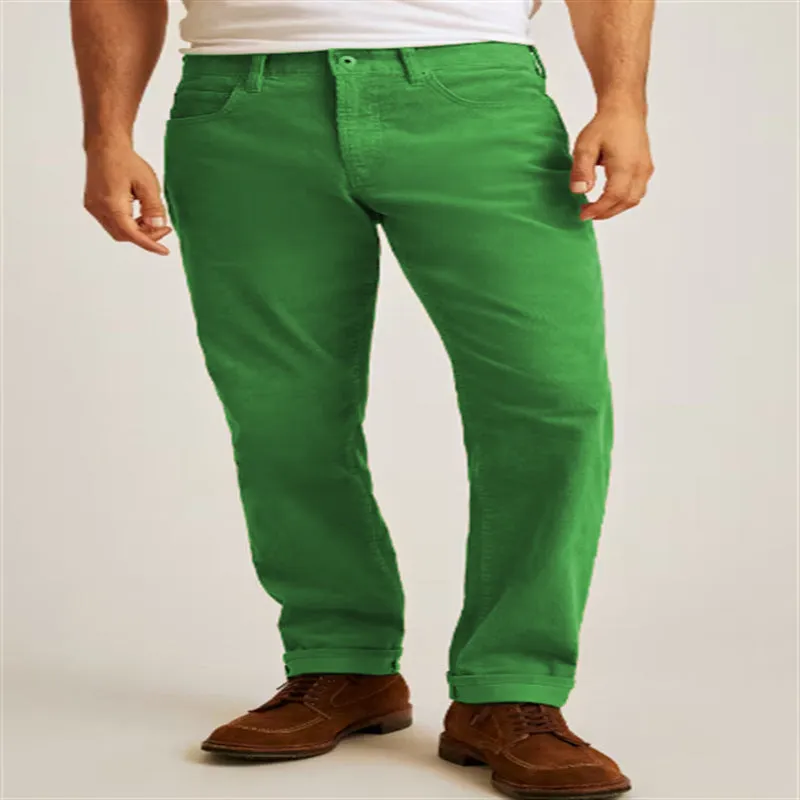 Men's straight leg corduroy trousers in a loose casual fit, shown in a solid colour with a mid-waist and zip fly detail.