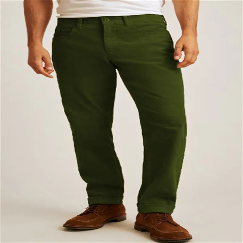 Men's straight leg corduroy trousers in a loose casual fit, shown in a solid colour with a mid-waist and zip fly detail.