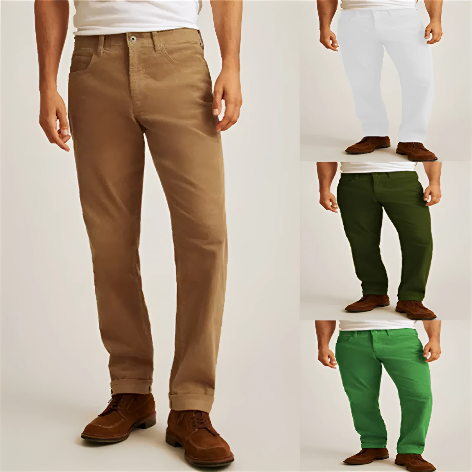 Men's straight leg corduroy trousers in a loose casual fit, shown in a solid colour with a mid-waist and zip fly detail.