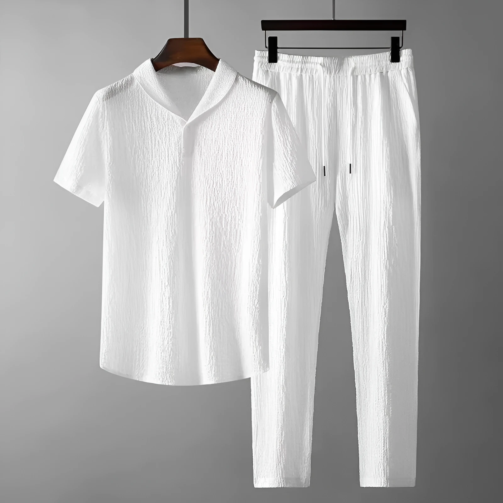 Leisure suit summer loose short sleeve top and drawstring trousers for men, polyester fabric, black and white option