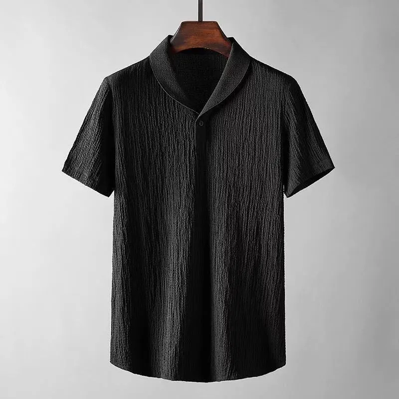 Leisure suit summer loose short sleeve top and drawstring trousers for men, polyester fabric, black and white option