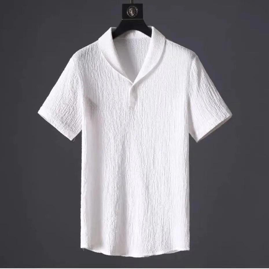 Leisure suit summer loose short sleeve top and drawstring trousers for men, polyester fabric, black and white option
