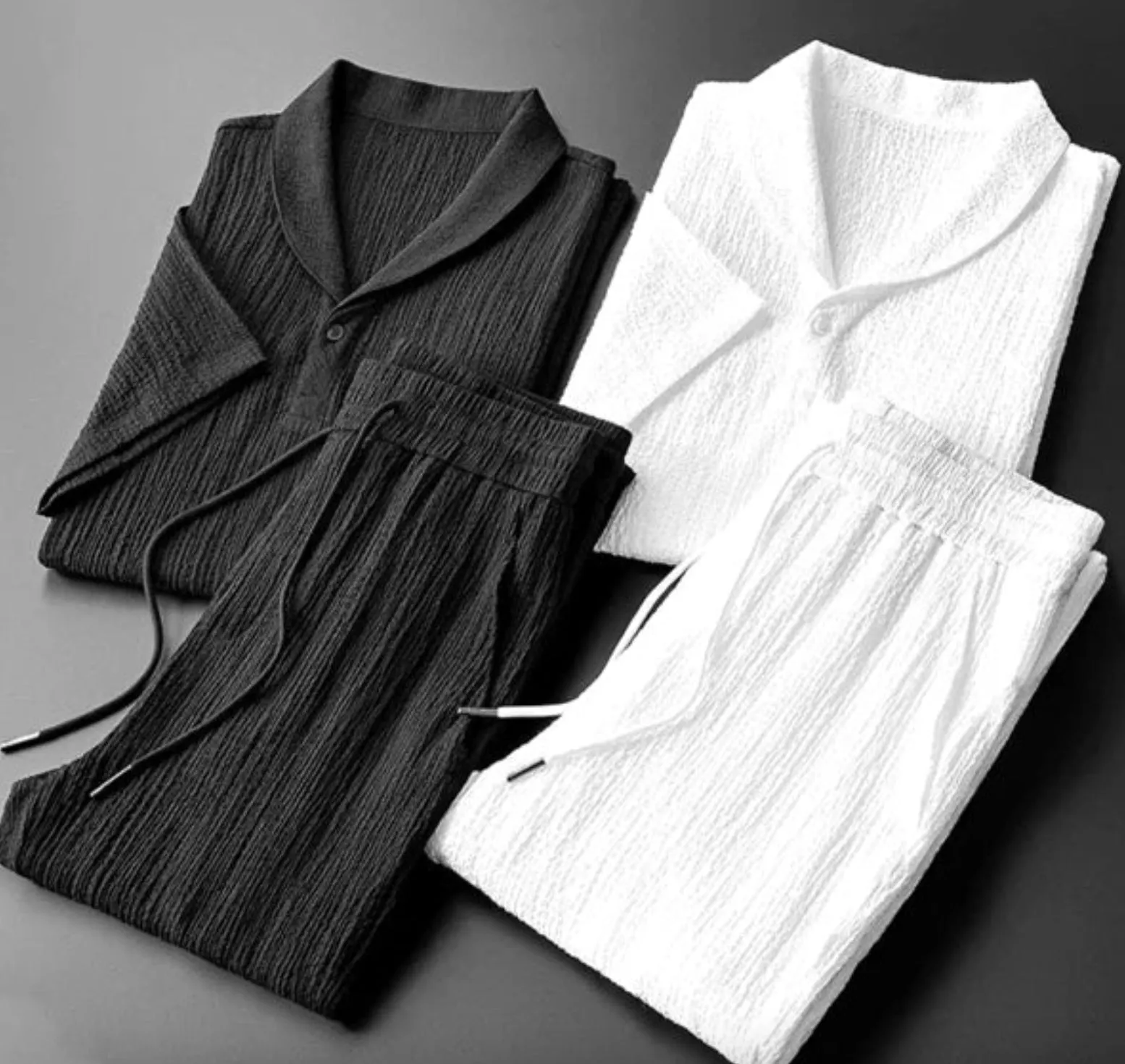 Leisure suit summer loose short sleeve top and drawstring trousers for men, polyester fabric, black and white option