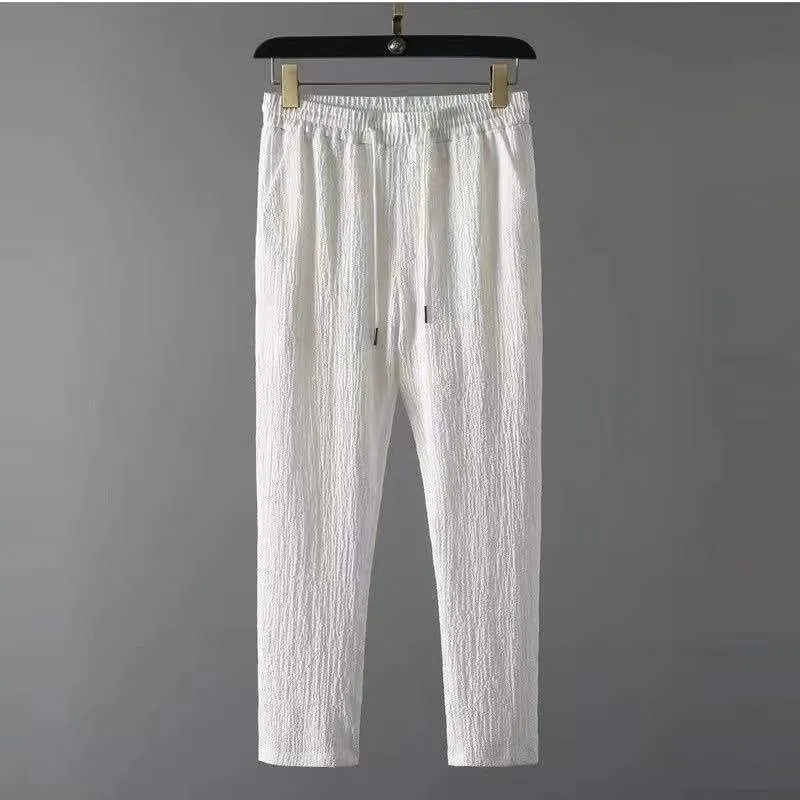 Leisure suit summer loose short sleeve top and drawstring trousers for men, polyester fabric, black and white option