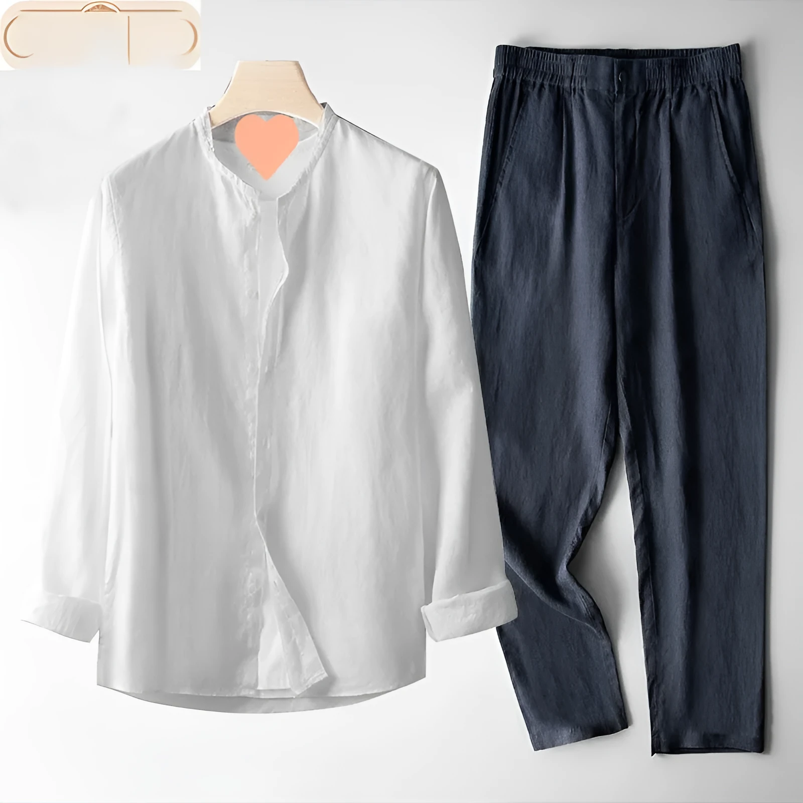 Men's retro thin long sleeve linen Tang suit outfit two-piece set with trousers in flaxen dark blue colour combination on model