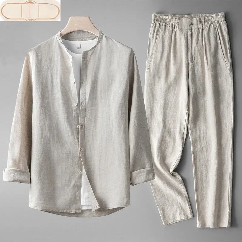 Men's retro thin long sleeve linen Tang suit outfit two-piece set with trousers in flaxen dark blue colour combination on model
