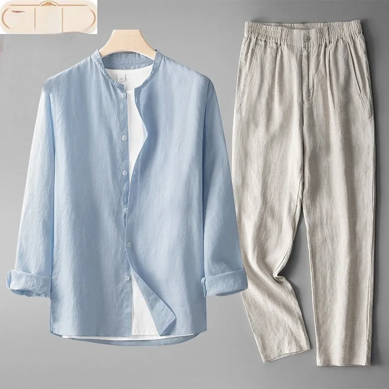 Men's retro thin long sleeve linen Tang suit outfit two-piece set with trousers in flaxen dark blue colour combination on model