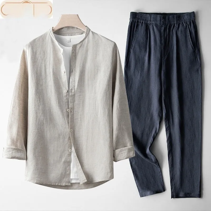 Men's retro thin long sleeve linen Tang suit outfit two-piece set with trousers in flaxen dark blue colour combination on model
