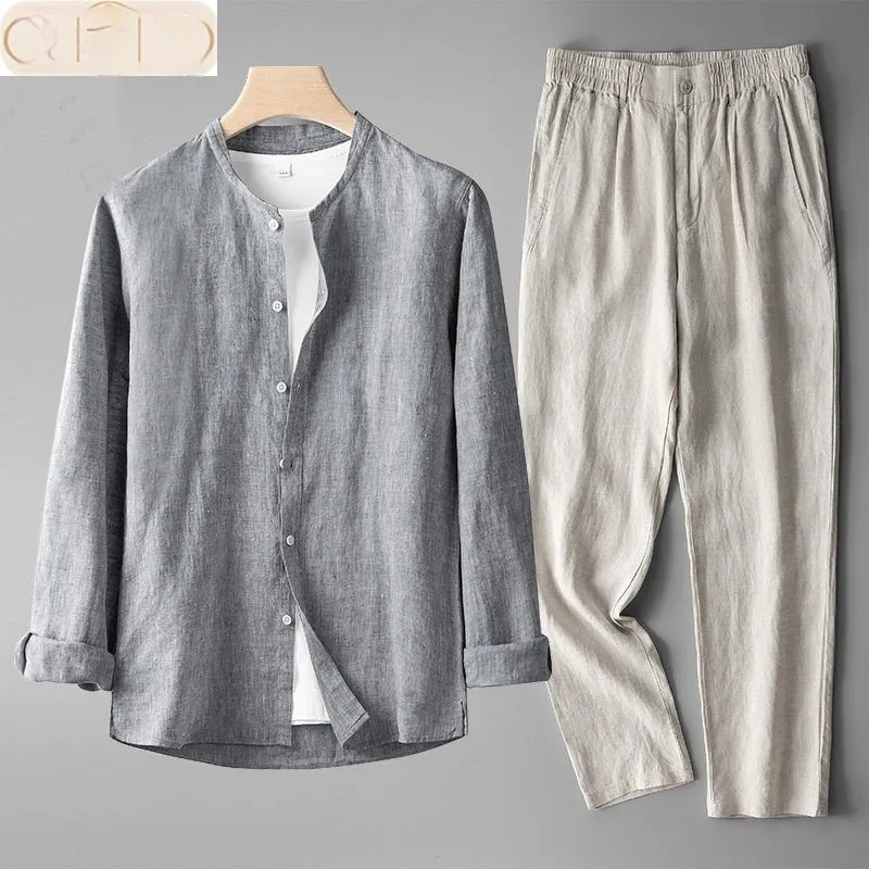 Men's retro thin long sleeve linen Tang suit outfit two-piece set with trousers in flaxen dark blue colour combination on model