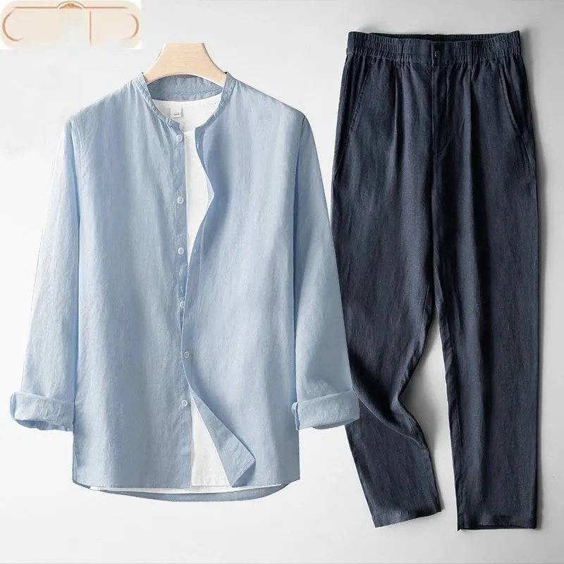 Men's retro thin long sleeve linen Tang suit outfit two-piece set with trousers in flaxen dark blue colour combination on model