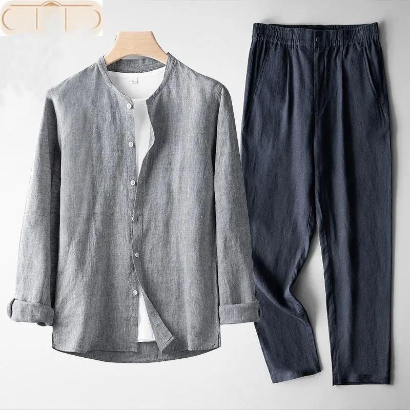 Men's retro thin long sleeve linen Tang suit outfit two-piece set with trousers in flaxen dark blue colour combination on model