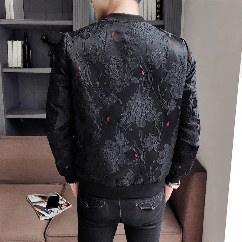 Personality Pattern Stand Collar Jacket for Men in Army Green, polyester casual jacket with stand collar