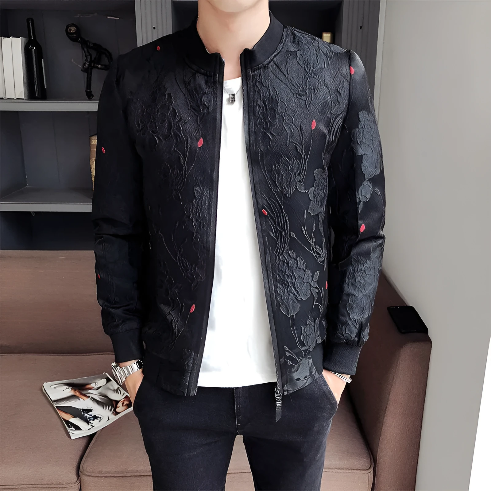 Personality Pattern Stand Collar Jacket for Men in Army Green, polyester casual jacket with stand collar