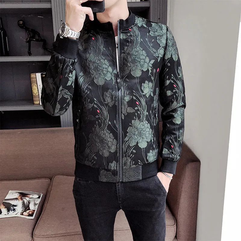 Personality Pattern Stand Collar Jacket for Men in Army Green, polyester casual jacket with stand collar