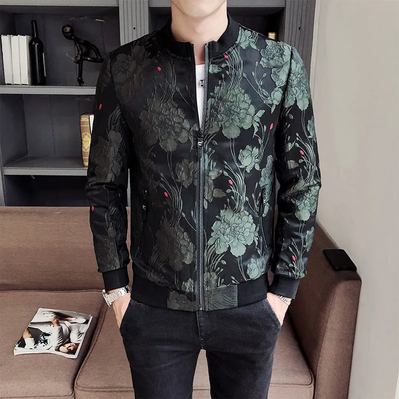Personality Pattern Stand Collar Jacket for Men in Army Green, polyester casual jacket with stand collar