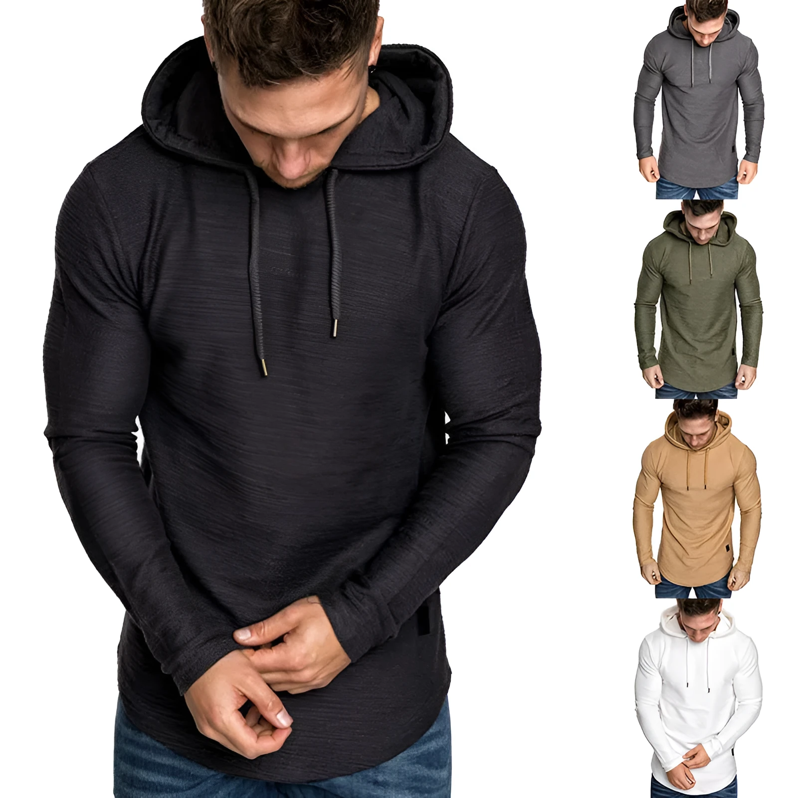 Men hoodie sweatshirt, casual long sleeve slim fit pullover, cotton blend solid colour, available in white, green, black, dark grey, khaki, sizes M to 3XL
