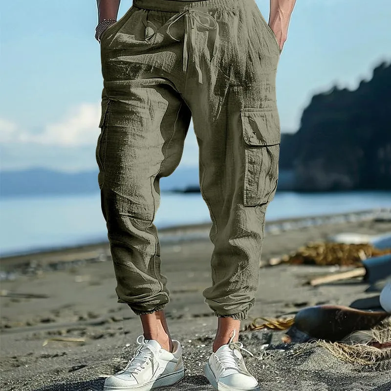 Men's casual linen trousers with ankle ties and multiple pockets in solid colour options