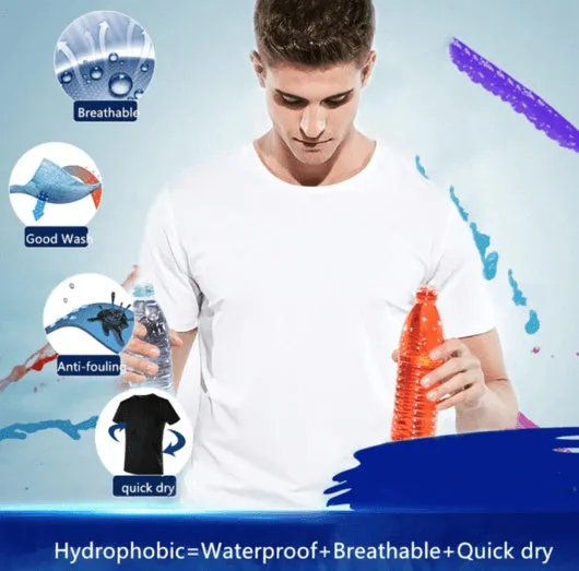 Plain round neck short sleeve quick-dry waterproof anti-fouling T-shirt in white, black, blue; 95% acetate blend loose fit