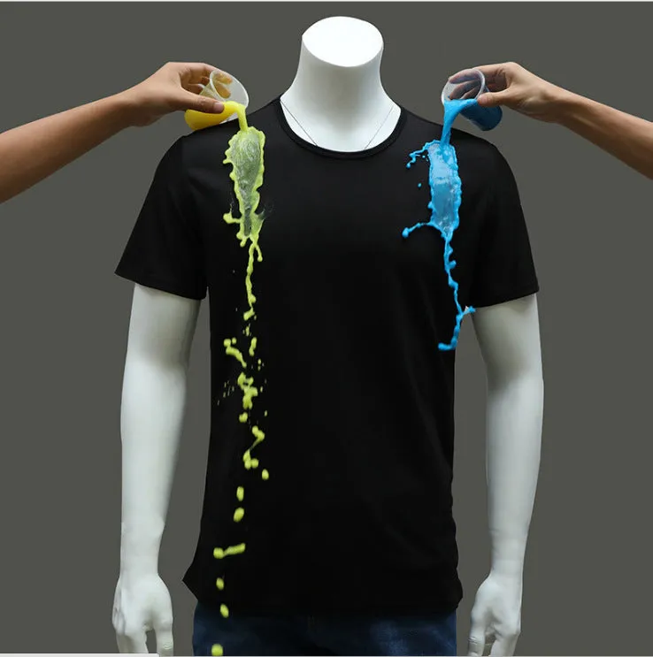 Plain round neck short sleeve quick-dry waterproof anti-fouling T-shirt in white, black, blue; 95% acetate blend loose fit