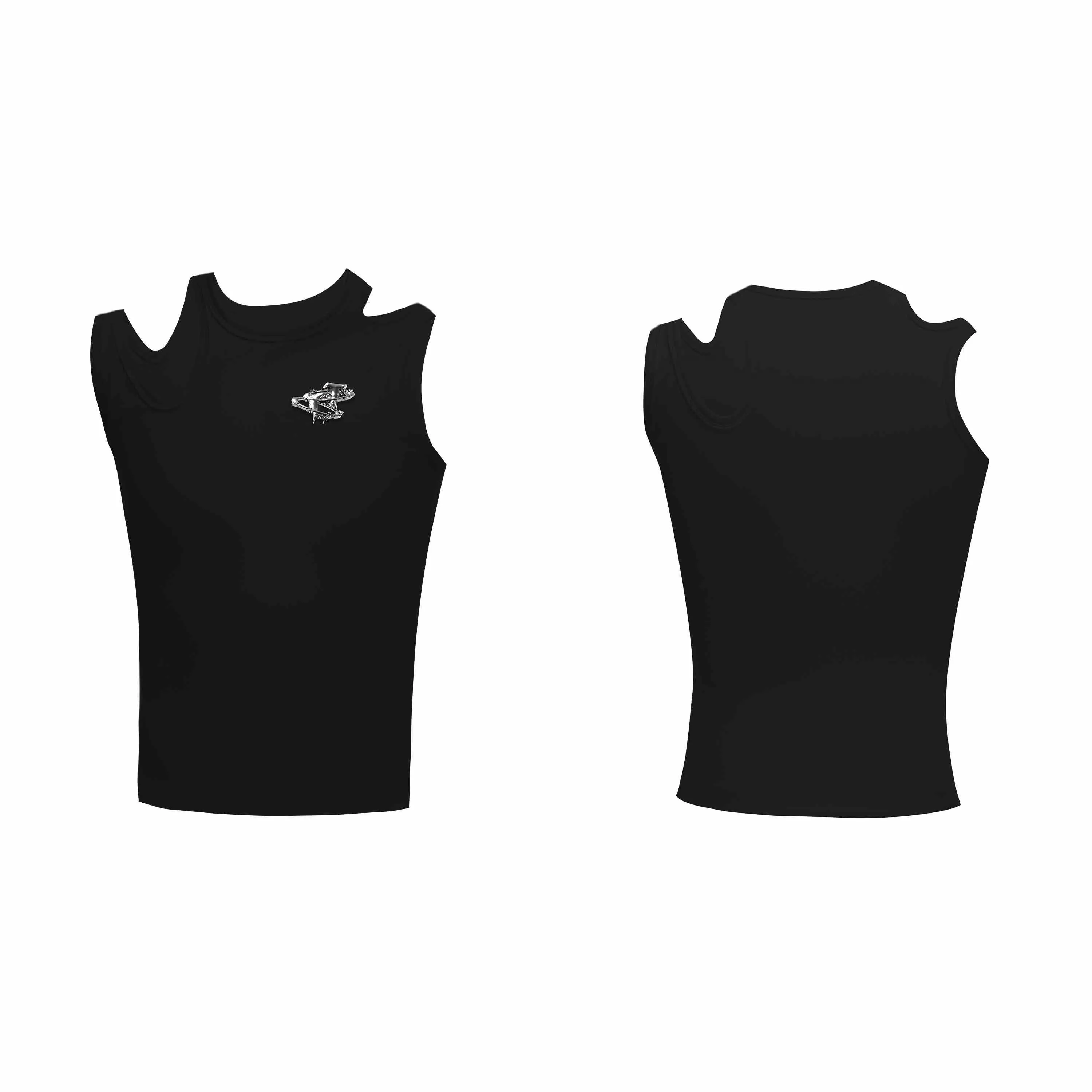 Retro crocheted hollow sleeveless polyester top with metal decoration in white, front view, slim fit