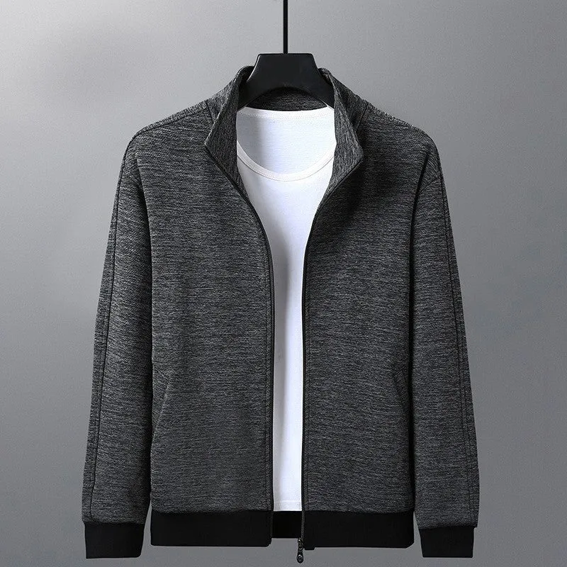 Men's casual athletic jacket with stand-up collar, zipper front, chemical fibre blend, black colour option