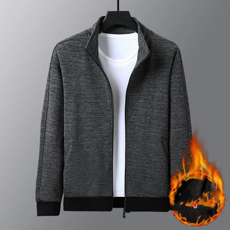 Men's casual athletic jacket with stand-up collar, zipper front, chemical fibre blend, black colour option
