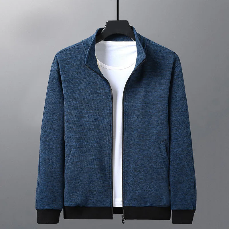 Men's casual athletic jacket with stand-up collar, zipper front, chemical fibre blend, black colour option