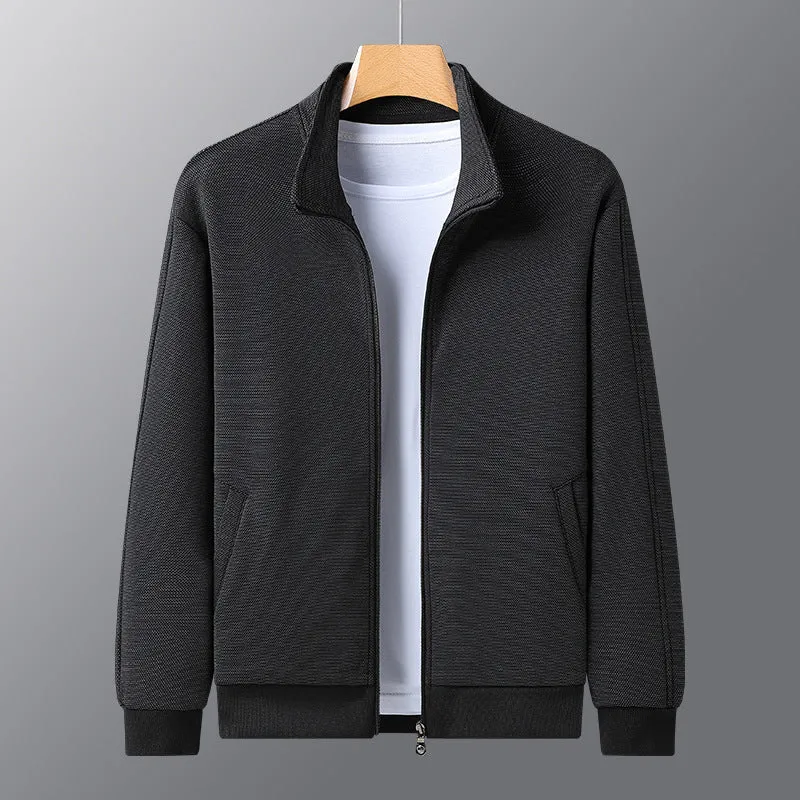 Men's casual athletic jacket with stand-up collar, zipper front, chemical fibre blend, black colour option