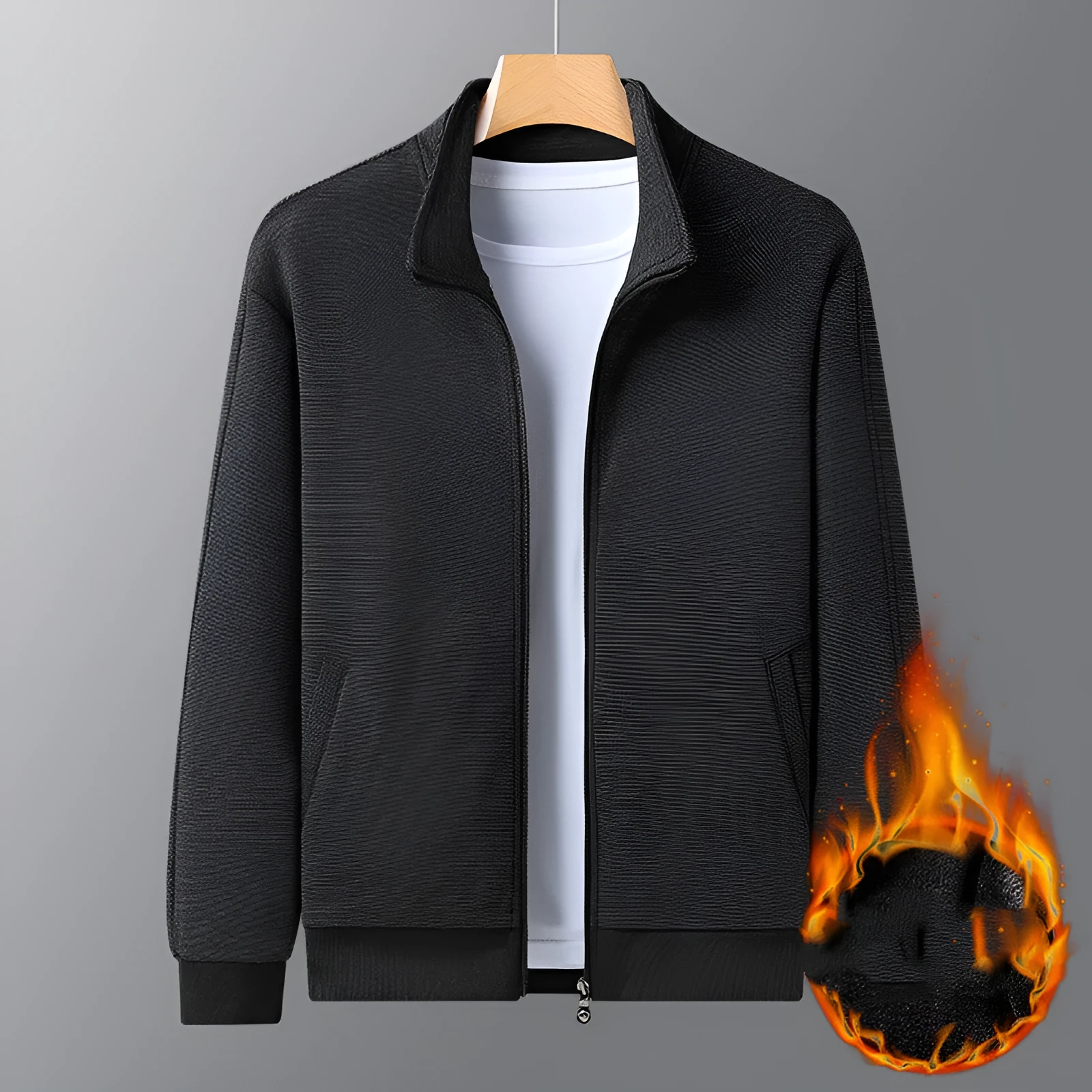 Men's casual athletic jacket with stand-up collar, zipper front, chemical fibre blend, black colour option